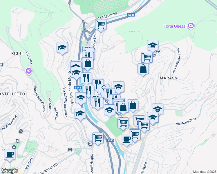 map of restaurants, bars, coffee shops, grocery stores, and more near 2 Via dei Platani in Genova
