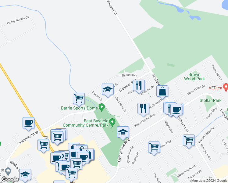 map of restaurants, bars, coffee shops, grocery stores, and more near 144 Hanmer Street East in Barrie