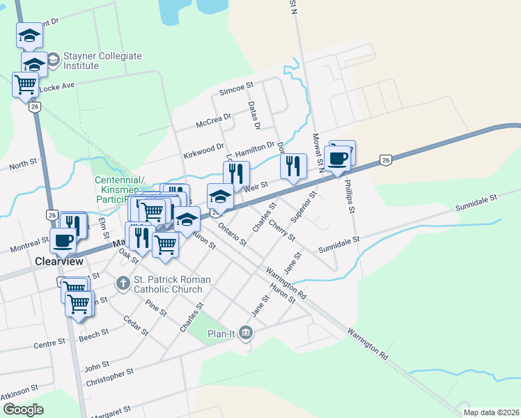 map of restaurants, bars, coffee shops, grocery stores, and more near 202 Cherry Street in Stayner