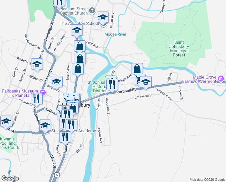 map of restaurants, bars, coffee shops, grocery stores, and more near 16 Elm St in St Johnsbury