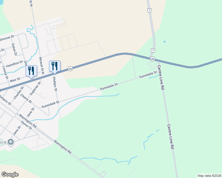 map of restaurants, bars, coffee shops, grocery stores, and more near 274 Sunnidale Street in Stayner