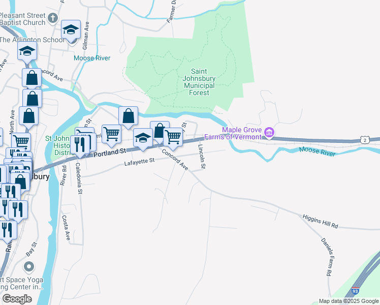 map of restaurants, bars, coffee shops, grocery stores, and more near 714 Portland Street in Saint Johnsbury