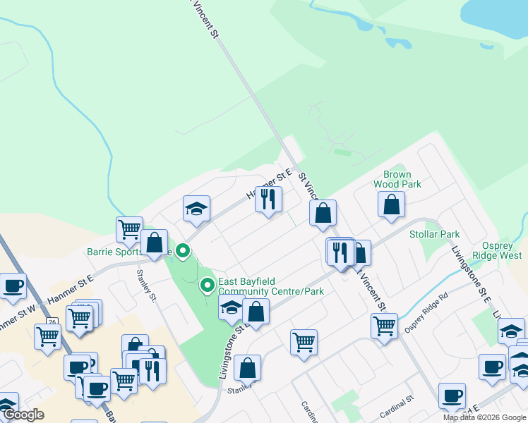 map of restaurants, bars, coffee shops, grocery stores, and more near 27 Watson Drive in Barrie