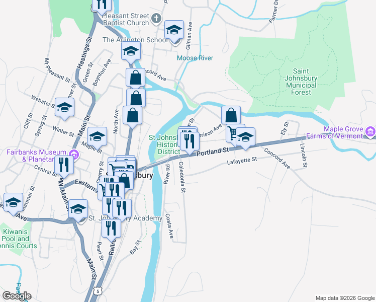map of restaurants, bars, coffee shops, grocery stores, and more near 287 Portland Street in Saint Johnsbury
