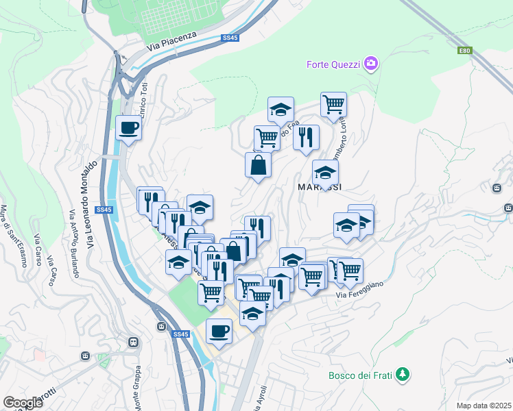 map of restaurants, bars, coffee shops, grocery stores, and more near in Genoa