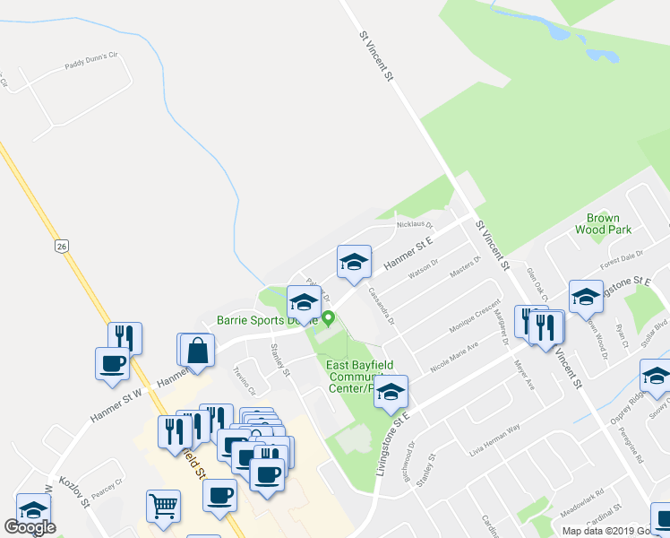 map of restaurants, bars, coffee shops, grocery stores, and more near 12 Player Drive in Barrie
