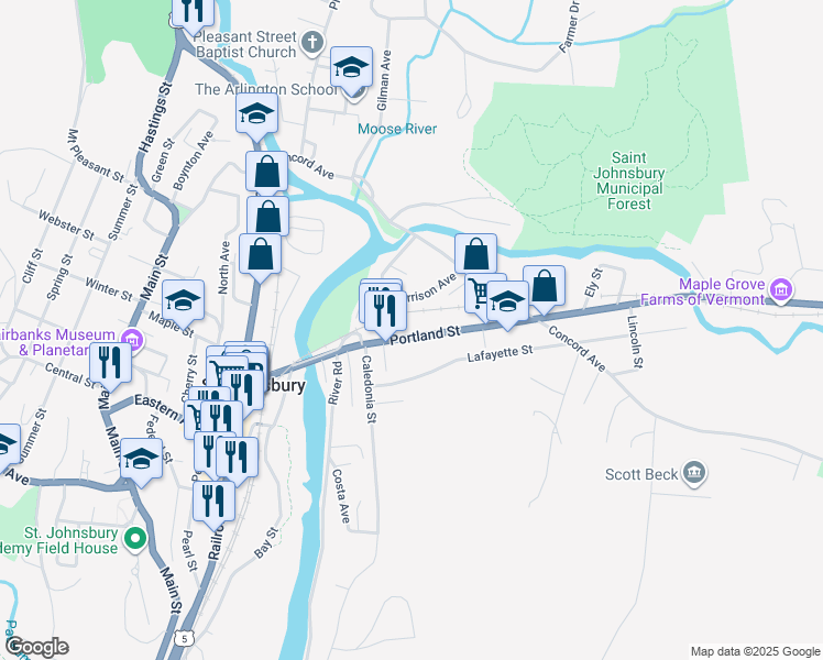 map of restaurants, bars, coffee shops, grocery stores, and more near 347 Portland Street in Saint Johnsbury