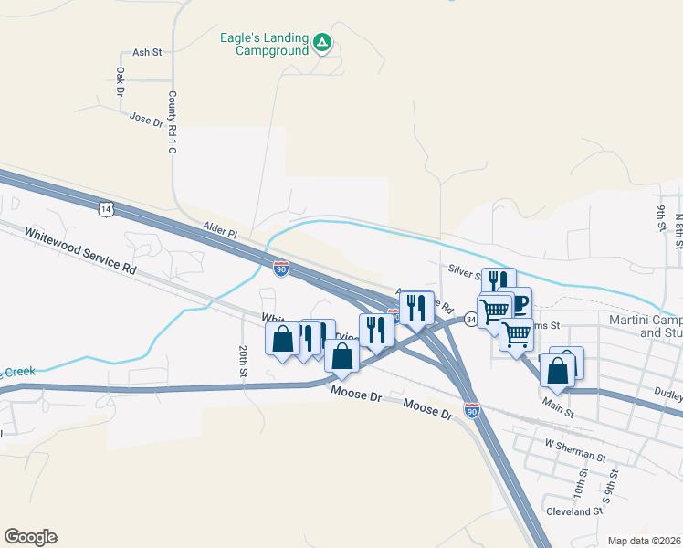map of restaurants, bars, coffee shops, grocery stores, and more near Avalanche Road in Sturgis