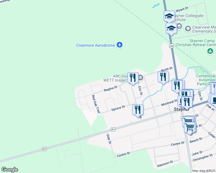 map of restaurants, bars, coffee shops, grocery stores, and more near 281 Regina Street in Stayner