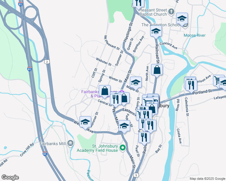 map of restaurants, bars, coffee shops, grocery stores, and more near 35 Steeple Place in Saint Johnsbury