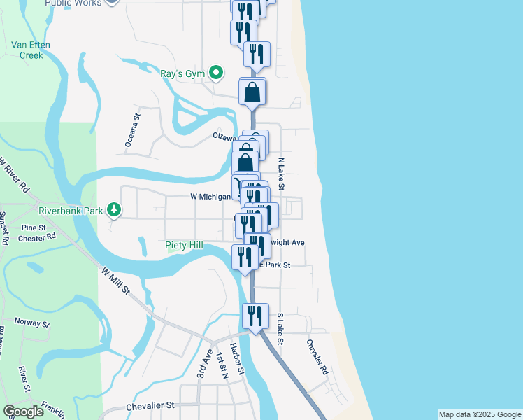 map of restaurants, bars, coffee shops, grocery stores, and more near in Oscoda