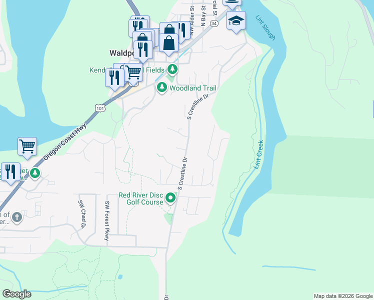 map of restaurants, bars, coffee shops, grocery stores, and more near 1193 South Crestline Drive in Waldport