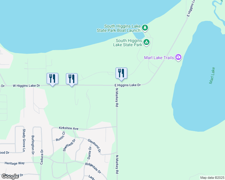 map of restaurants, bars, coffee shops, grocery stores, and more near 31 East Higgins Lake Drive in Roscommon