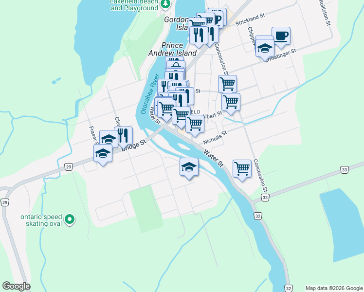 map of restaurants, bars, coffee shops, grocery stores, and more near 135 Water Street in Lakefield