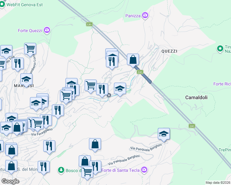map of restaurants, bars, coffee shops, grocery stores, and more near 66 R Via Piero Pinetti in Genova