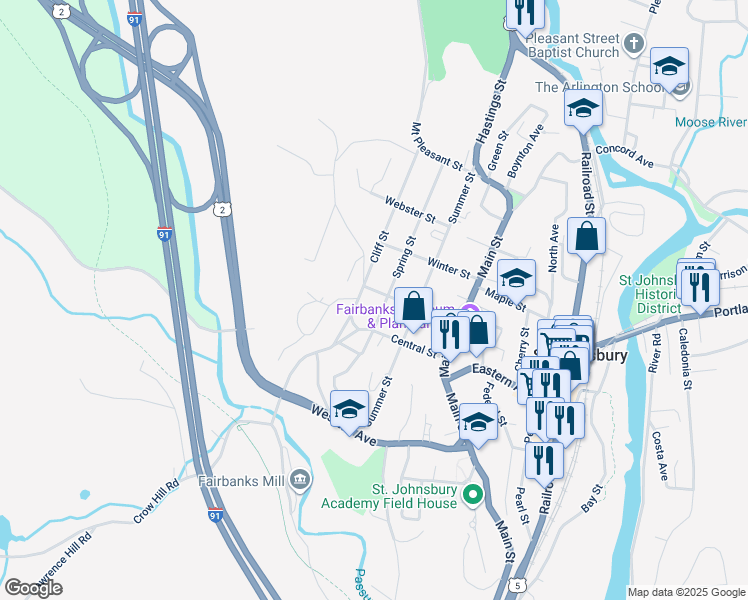 map of restaurants, bars, coffee shops, grocery stores, and more near 187 Church Street in Saint Johnsbury