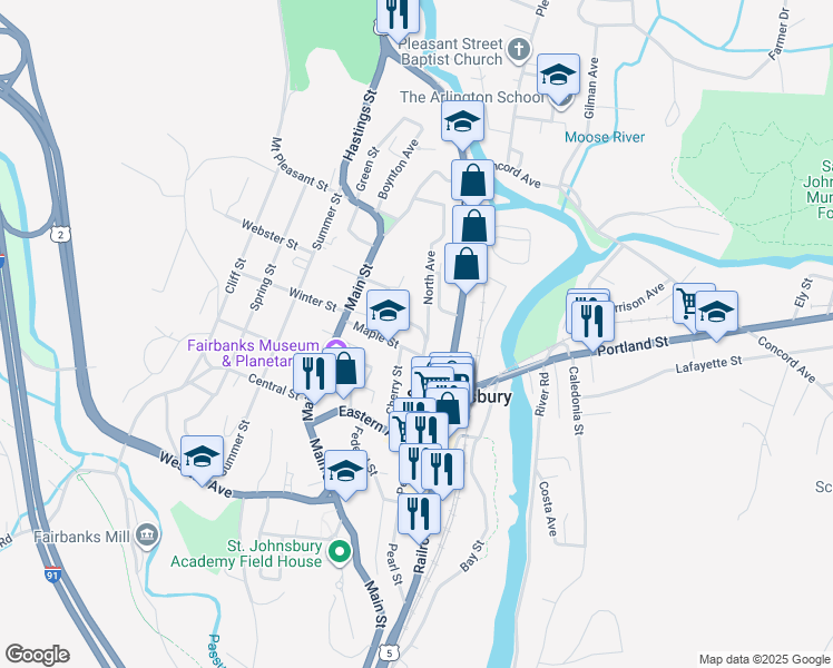map of restaurants, bars, coffee shops, grocery stores, and more near 160 Clarks Avenue in Saint Johnsbury