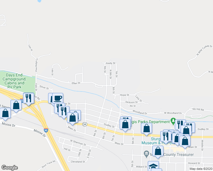 map of restaurants, bars, coffee shops, grocery stores, and more near 1900 Ellen Street in Sturgis