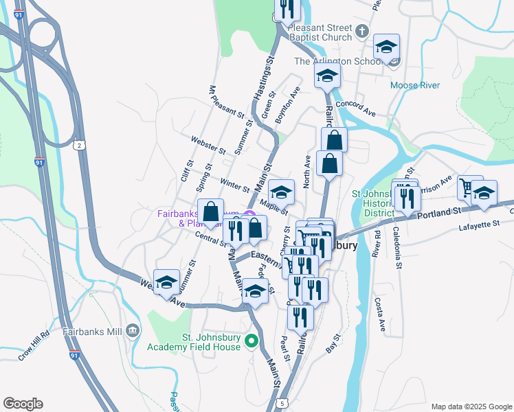 map of restaurants, bars, coffee shops, grocery stores, and more near 1360 Main Street in Saint Johnsbury