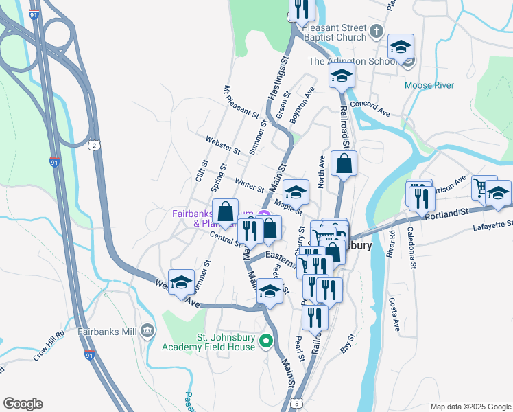 map of restaurants, bars, coffee shops, grocery stores, and more near 35 Steeple Place in Saint Johnsbury