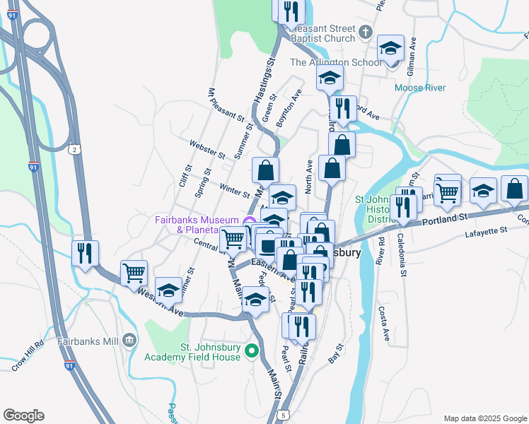 map of restaurants, bars, coffee shops, grocery stores, and more near 1360 Main Street in Saint Johnsbury