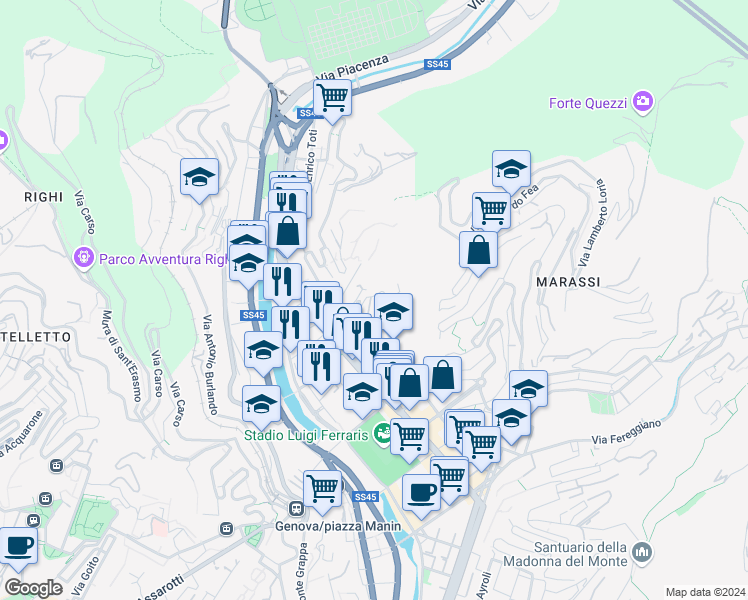 map of restaurants, bars, coffee shops, grocery stores, and more near 2 Via dei Platani in Genova