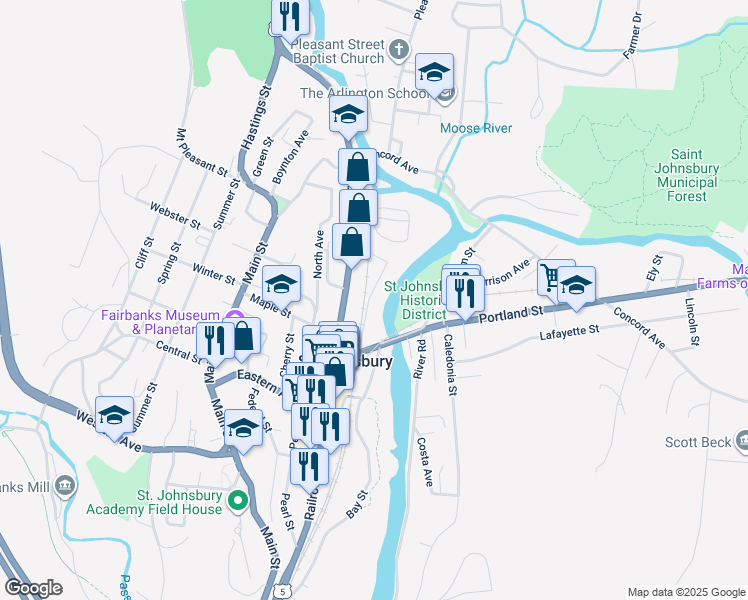 map of restaurants, bars, coffee shops, grocery stores, and more near 120 Saint Mary Street in Saint Johnsbury