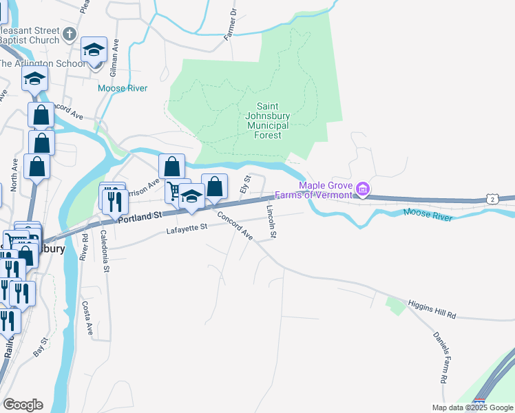 map of restaurants, bars, coffee shops, grocery stores, and more near 714 Portland Street in Saint Johnsbury