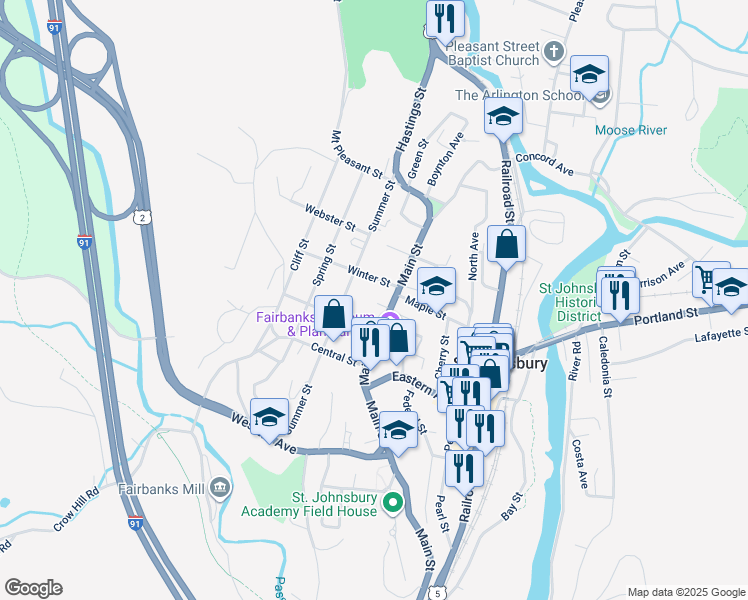 map of restaurants, bars, coffee shops, grocery stores, and more near 35 Steeple Place in Saint Johnsbury