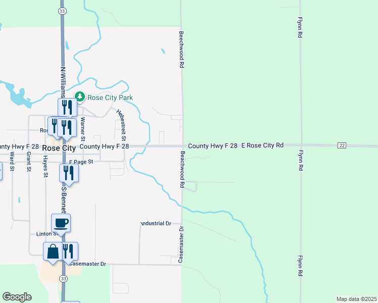 map of restaurants, bars, coffee shops, grocery stores, and more near 600 East Rose City Road in Rose City