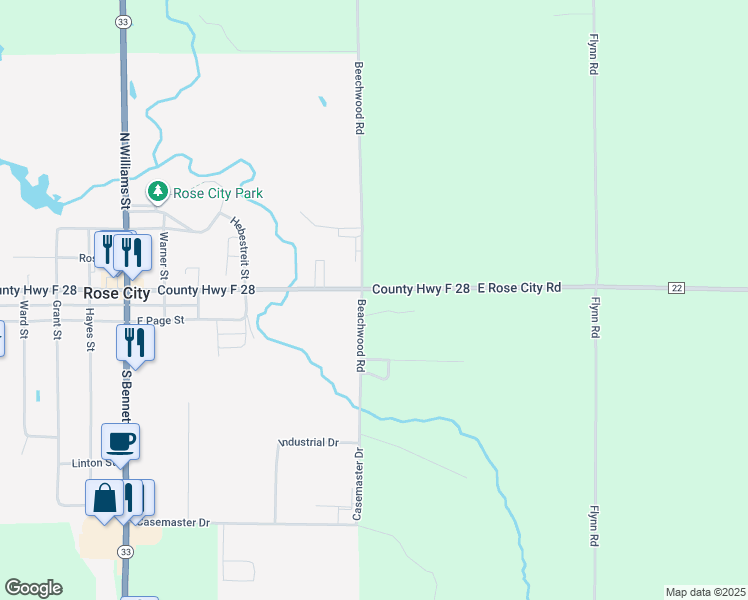 map of restaurants, bars, coffee shops, grocery stores, and more near 600 County Highway F 28 in Rose City