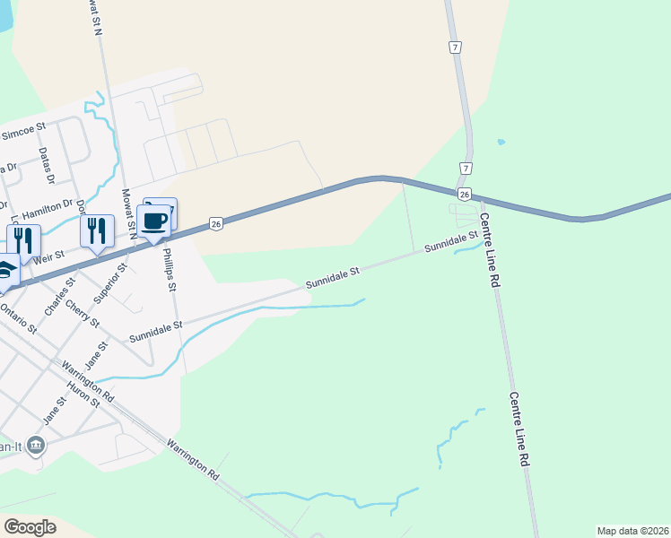 map of restaurants, bars, coffee shops, grocery stores, and more near 274 Sunnidale Street in Stayner