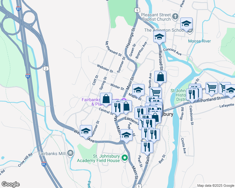map of restaurants, bars, coffee shops, grocery stores, and more near 35 Steeple Place in Saint Johnsbury