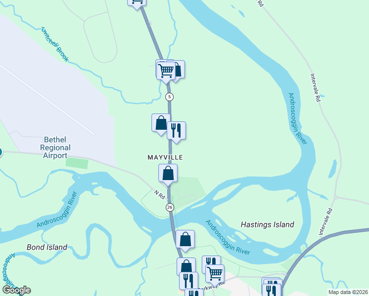map of restaurants, bars, coffee shops, grocery stores, and more near 159 Mayville Road in Bethel