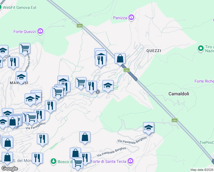 map of restaurants, bars, coffee shops, grocery stores, and more near 66 R Via Piero Pinetti in Genova