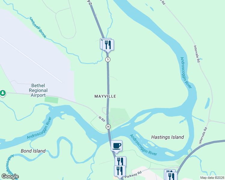 map of restaurants, bars, coffee shops, grocery stores, and more near 159 Mayville Road in Bethel