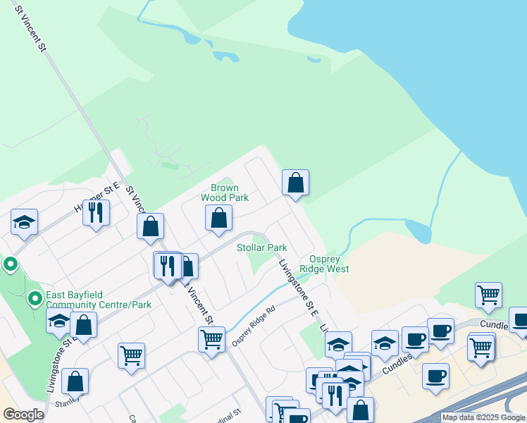 map of restaurants, bars, coffee shops, grocery stores, and more near 39 Forest Dale Drive in Barrie