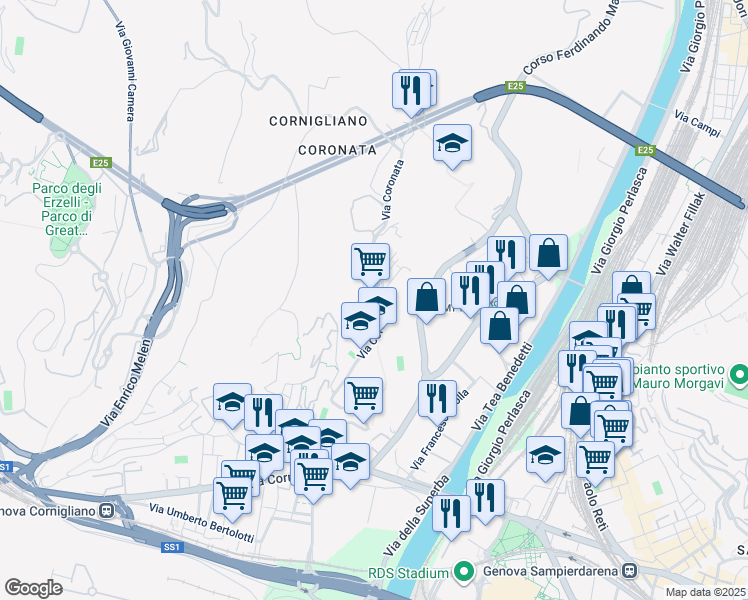 map of restaurants, bars, coffee shops, grocery stores, and more near 52 Via Coronata in Genova