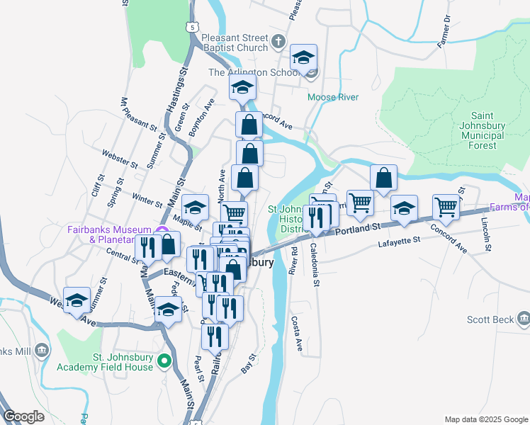 map of restaurants, bars, coffee shops, grocery stores, and more near 120 Saint Mary Street in Saint Johnsbury