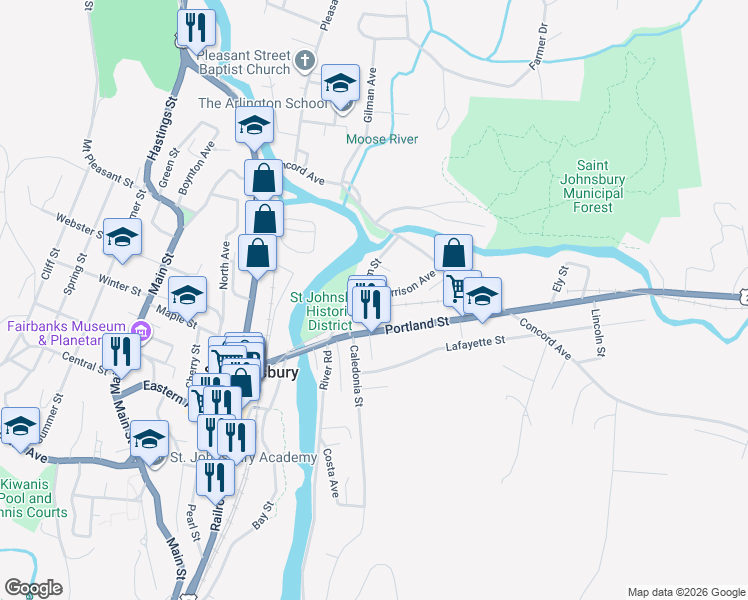 map of restaurants, bars, coffee shops, grocery stores, and more near 287 Portland Street in Saint Johnsbury