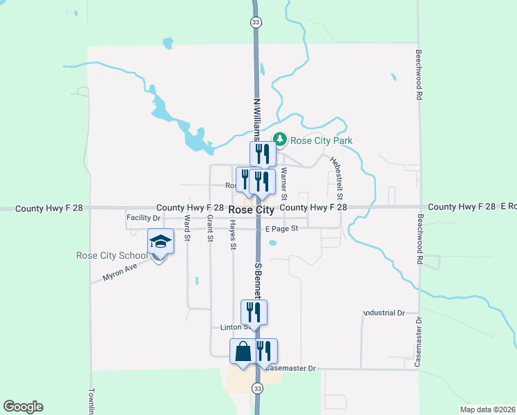 map of restaurants, bars, coffee shops, grocery stores, and more near 113 South Bennett Street in Rose City