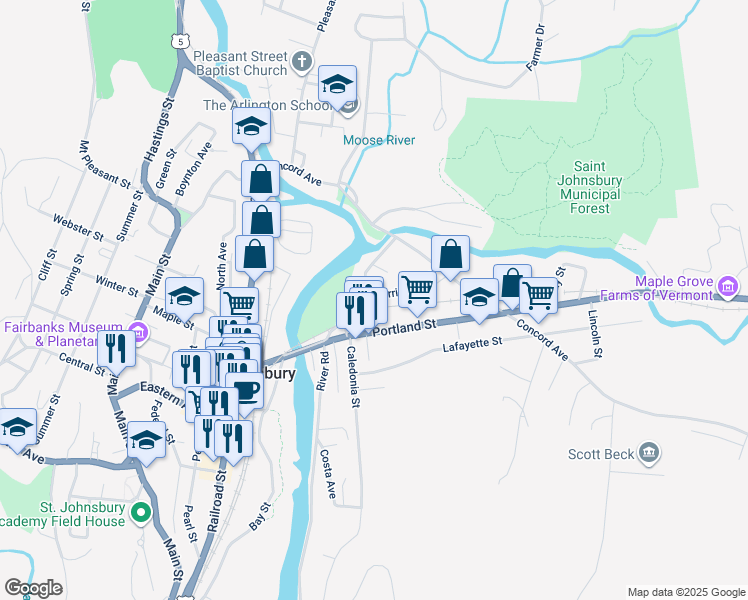 map of restaurants, bars, coffee shops, grocery stores, and more near 347 Portland Street in Saint Johnsbury
