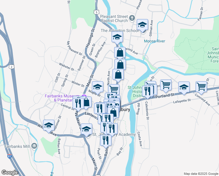 map of restaurants, bars, coffee shops, grocery stores, and more near 160 Clarks Avenue in Saint Johnsbury