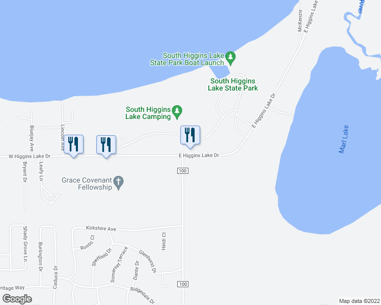 map of restaurants, bars, coffee shops, grocery stores, and more near 31 East Higgins Lake Drive in Roscommon