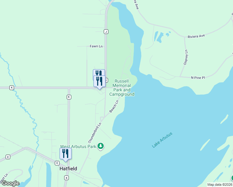 map of restaurants, bars, coffee shops, grocery stores, and more near N9660 Thunderbird Lane in Merrillan