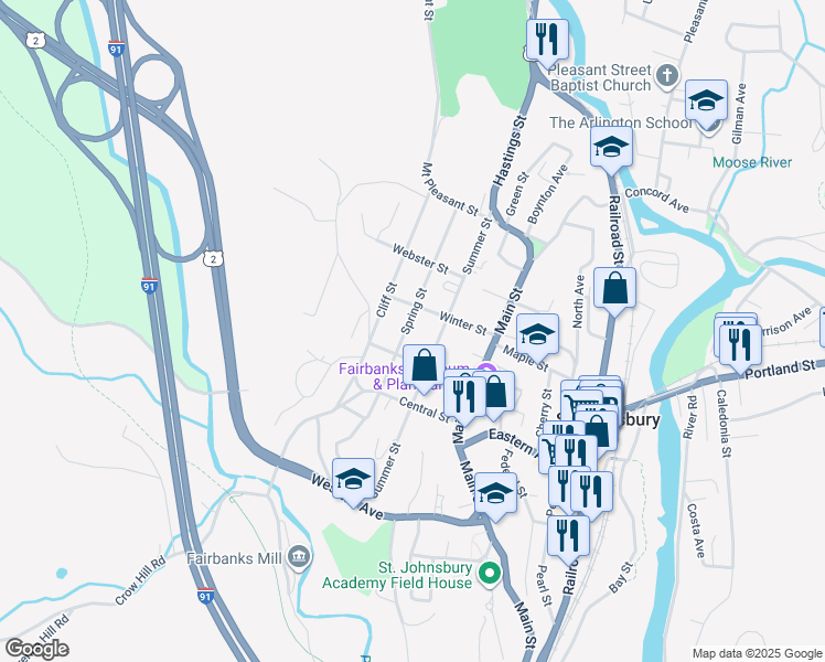 map of restaurants, bars, coffee shops, grocery stores, and more near 114 Church Street in Saint Johnsbury