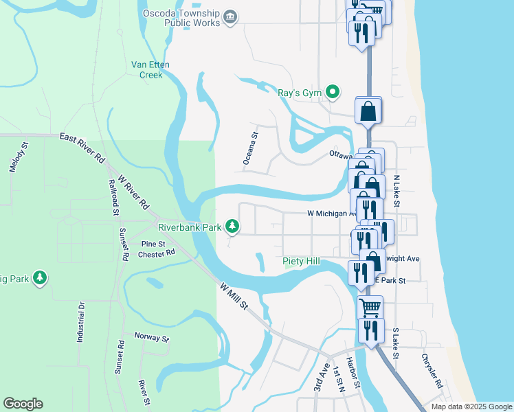 map of restaurants, bars, coffee shops, grocery stores, and more near 100-198 North Morton Street in Oscoda charter Township