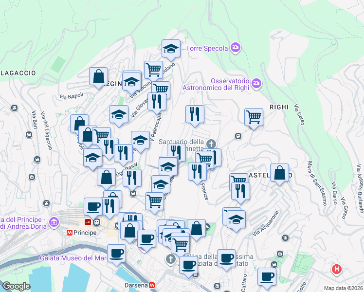 map of restaurants, bars, coffee shops, grocery stores, and more near 39A Corso Firenze in Genoa