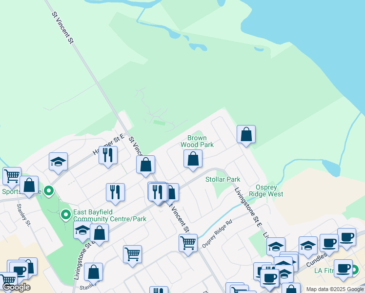 map of restaurants, bars, coffee shops, grocery stores, and more near 92 Brown Wood Drive in Barrie