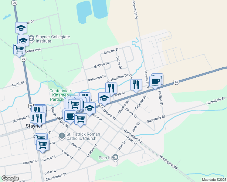 map of restaurants, bars, coffee shops, grocery stores, and more near 195 Louisa Street in Stayner